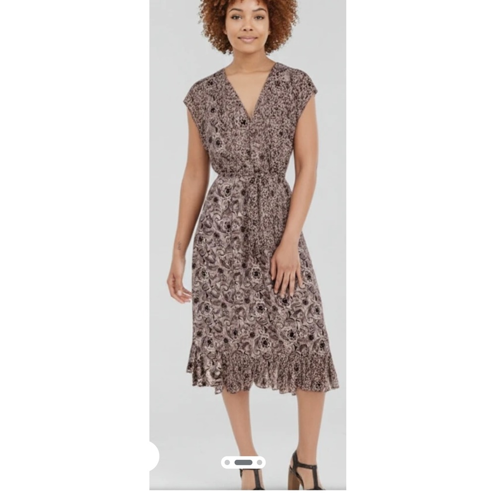 Glamour Paisley Midi Dress Womens 6P BrownRuffle Hem Boho Business Casual Career